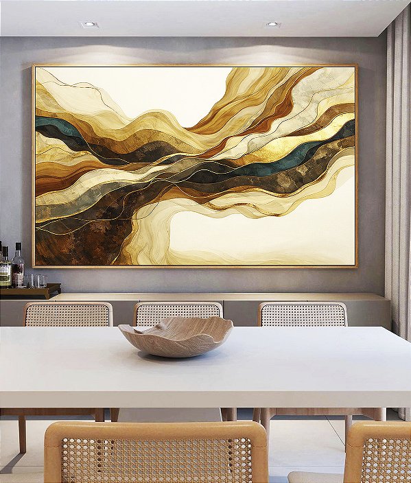 Quadro Horizontal Abstrato Arte Fluida Amarelo Mostarda Bronze Azul Ondulações Canvas Moldura