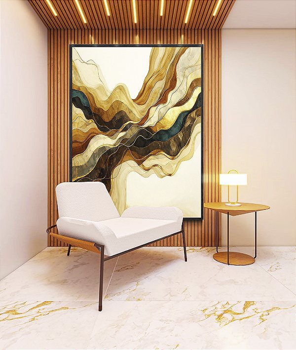 Quadro Vertical Abstrato Arte Fluida Amarelo Mostarda Bronze Azul Ondulações Canvas Moldura