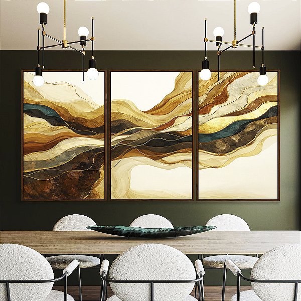 Trio de Quadros Abstrato Arte Fluida Amarelo Mostarda Bronze Azul Ondulações Canvas Moldura