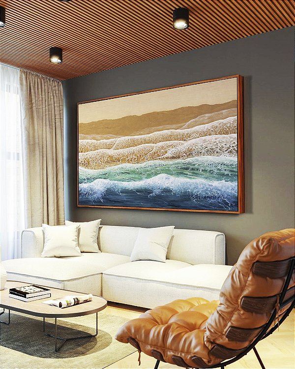 Quadro Horizontal Ondas Mar Azul Turquesa Praia Areia Dourada Canvas Moldura