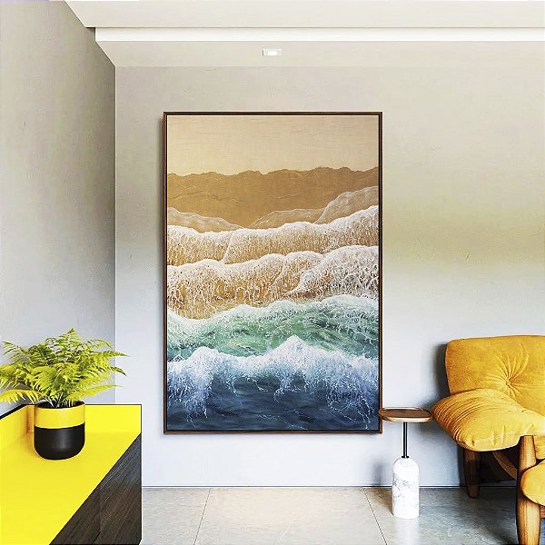 Quadro Vertical Ondas Mar Azul Turquesa Praia Areia Dourada Canvas Moldura