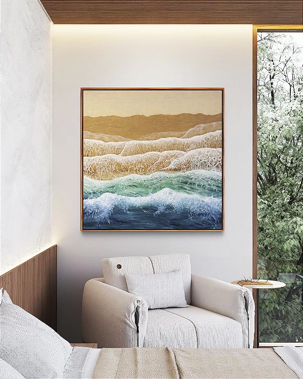 Quadro Quadrado Ondas Mar Azul Turquesa Praia Areia Dourada Canvas Dourada