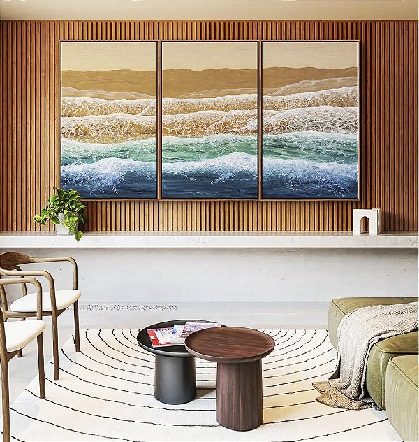 Trio de Quadros Ondas Mar Azul Turquesa Praia Areia Dourada Canvas Moldura
