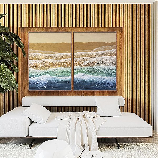 Duo de Quadros Ondas Mar Azul Turquesa Praia Areia Duorada Canvas Moldura