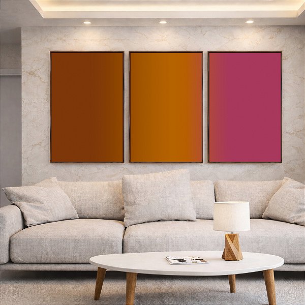 Trio de Quadros Abstrato Degradê Rosa Vinho Marrom Caramelo Canvas Moldura