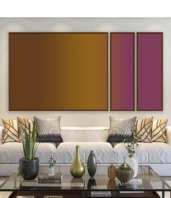 Trio de Quadros Estilizados Abstrato Degradê Rosa Vinho Marrom Caramelo Canvas Moldura