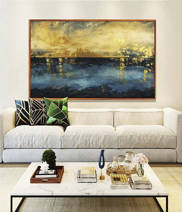 Quadro Horizontal Abstrato Amarelo Ouro Azul Petróleo Textura Canvas Moldura