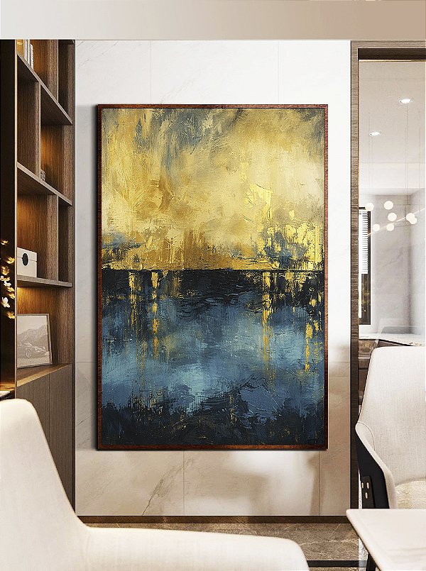 Quadro Vertical Abstrato Amarelo Ouro Azul Petróleo Textura Canvas Moldura