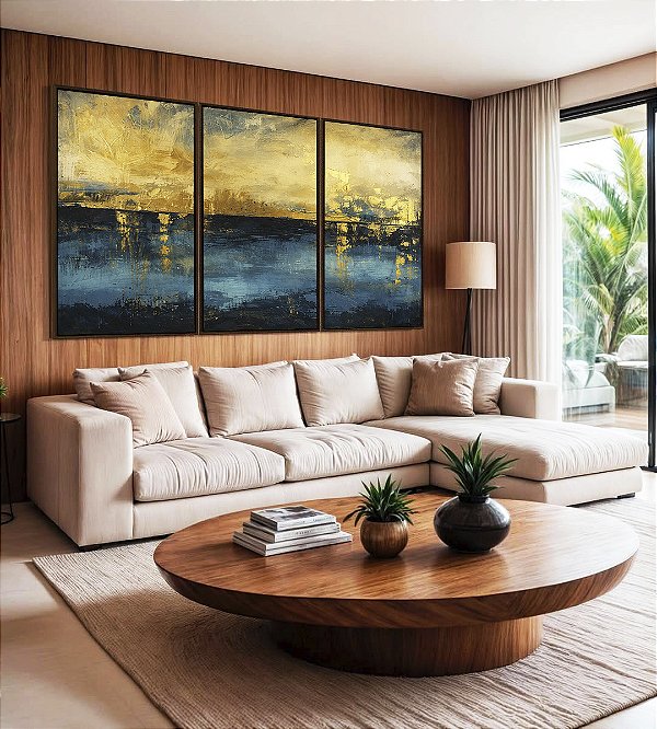 Trio de Quadros Abstrato Amarelo Ouro Azul Petróleo Textura Canvas Moldura