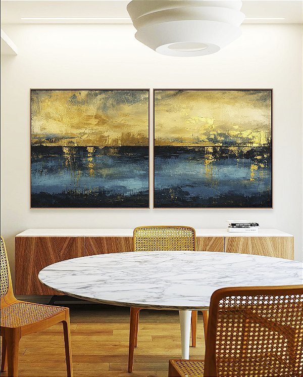Duo de Quadros Quadrados Abstrato Amarelo Ouro Azul Petróleo Textura Canvas Moldura