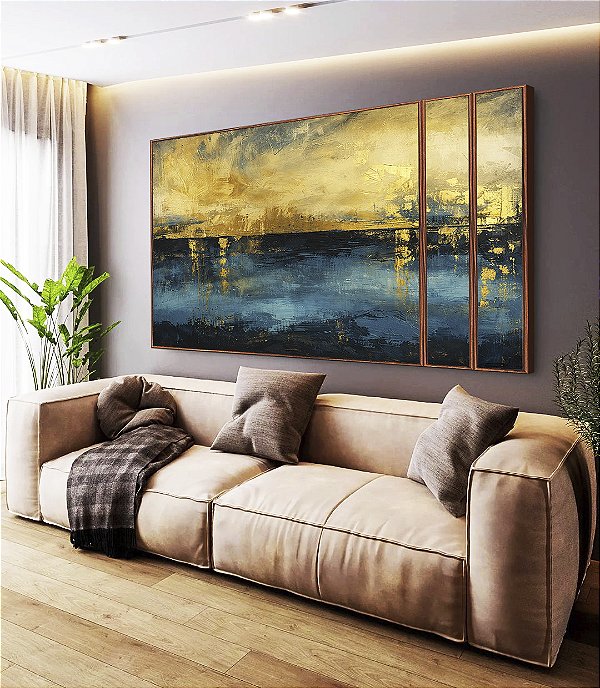 Trio de Quadros Estilizados Abstrato Amarelo Ouro Azul Petróleo Textura Canvas Moldura