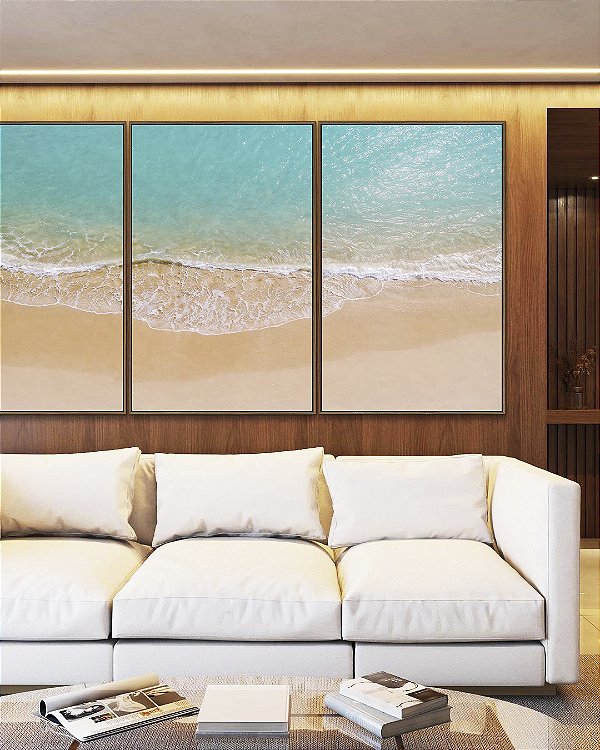 Trio de Quadros Praia Mar Azul Turquesa Iluminado Sol Canvas Moldura
