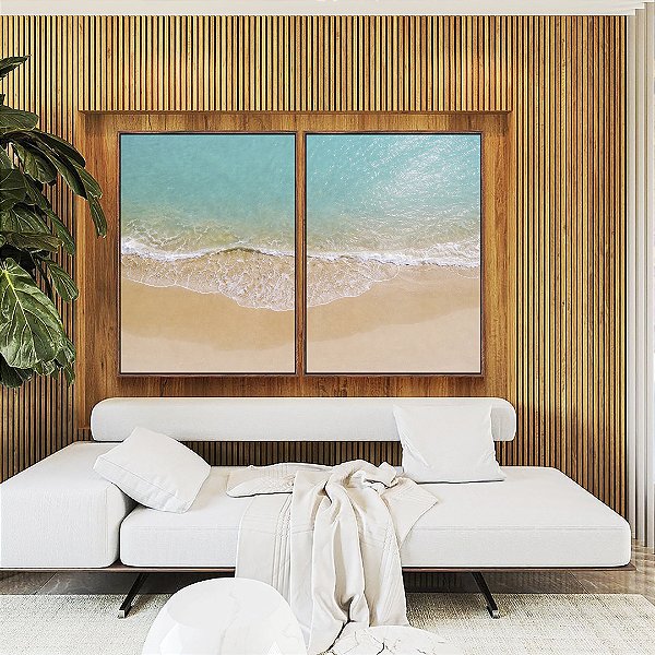 Duo de Quadros Praia Mar Azul Turquesa Iluminado Sol Canvas Moldura