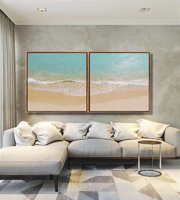 Duo de Quadros Quadrados Praia Mar Azul Turquesa Iluminado Sol Canvas Moldura
