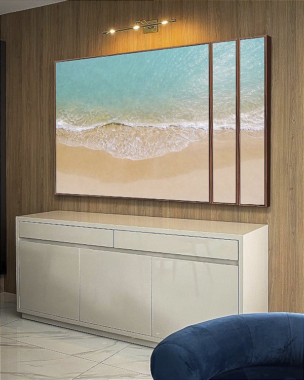Trio de Quadros Estilizados Praia Mar Azul Turquesa Iluminado Sol Canvas Moldura