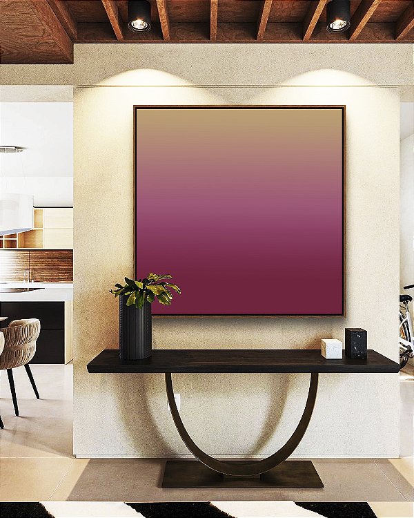 Quadro Quadrado Abstrato Degradê Rosa Framboesa Bege Dourado Canvas Moldura