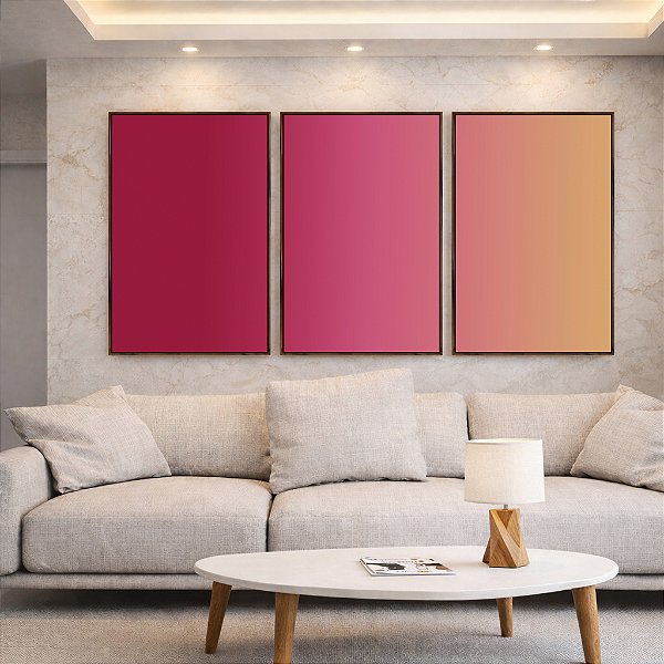 Trio de Quadros Abstrato Degradê Rosa Framboesa Bege Dourado Canvas Moldura