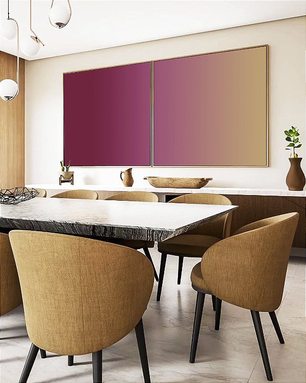 Duo de Quadros Quadrados Abstrato Degradê Rosa Framboesa Bege Dourado Canvas Moldura