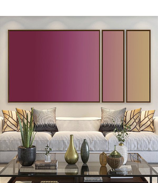 Trio de Quadros Estilizados Abstrato Degradê Rosa Framboesa Bege Dourado Canvas Moldura