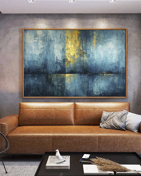 Quadro Horizontal Abstrato Azul Petróleo Dourado Textura Canvas Moldura