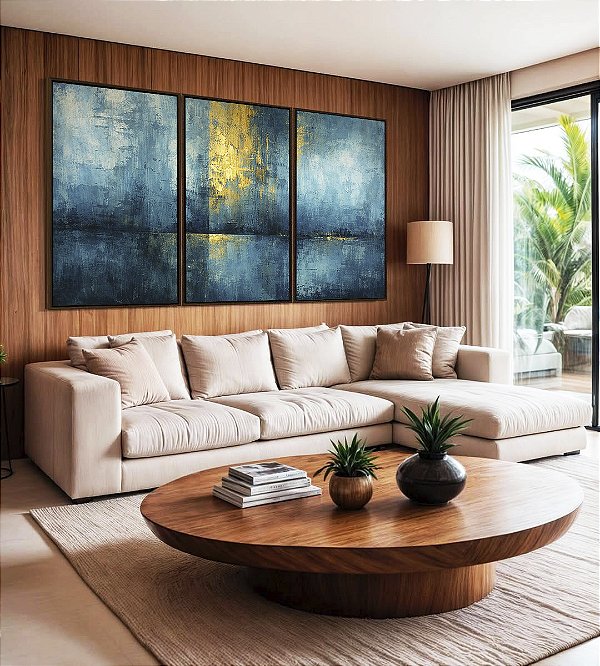 Trio de Quadros Abstrato Azul Petróleo Dourado Textura Canvas Moldura