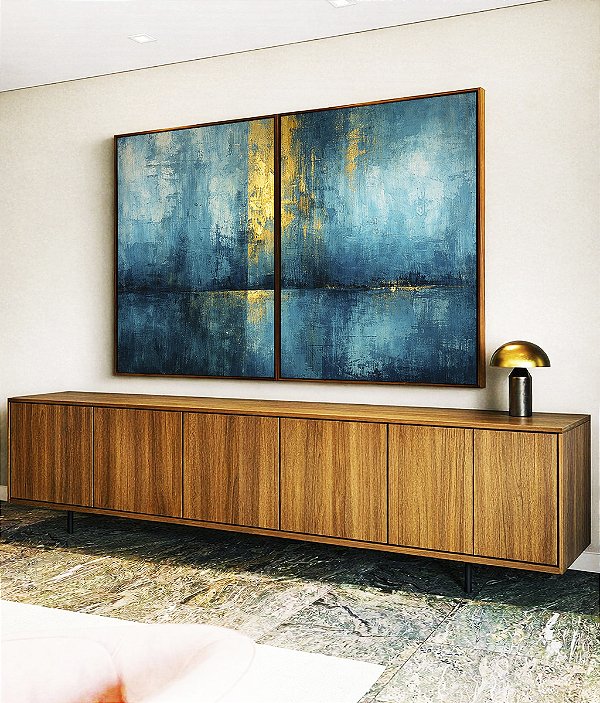 Duo de Quadros Abstrato Azul Petróleo Dourado Textura Canvas Moldura