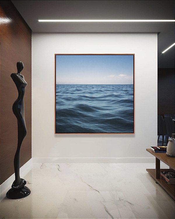 Quadro Quadrado Oceano Azul Sóbrio Ondas no Mar Céu Sereno Canvas Moldura