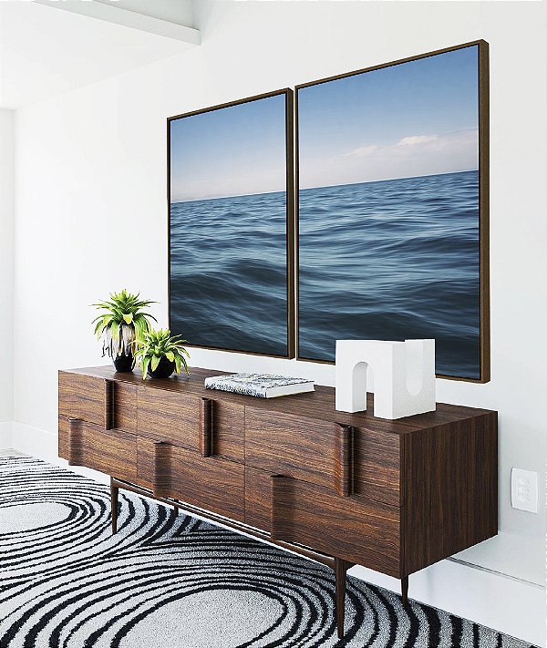 Duo de Quadros Oceano Azul Sóbrio Ondas no Mar Céu Sereno Canvas Moldura