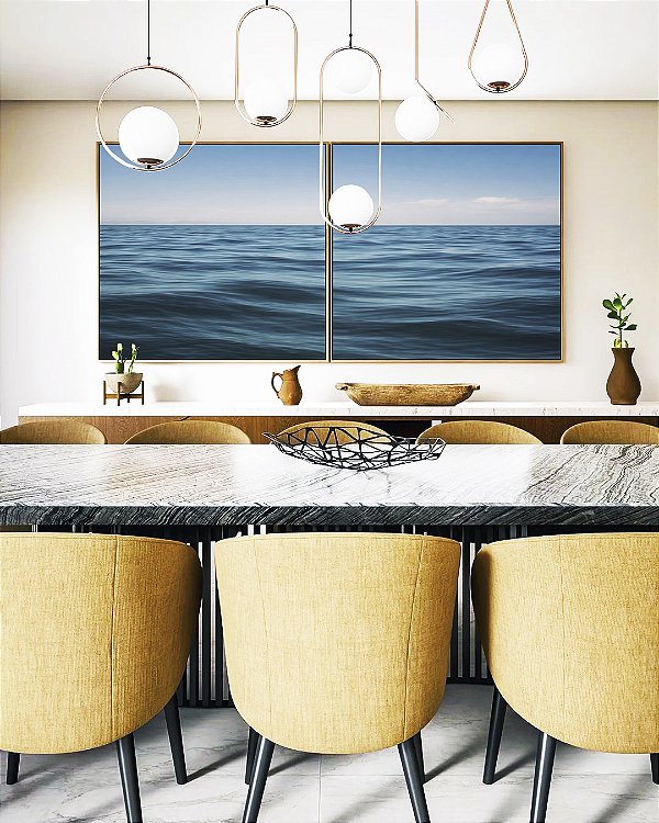 Duo de Quadros Quadrados Oceano Azul Sóbrio Ondas no Mar Céu Sereno Canvas Moldura