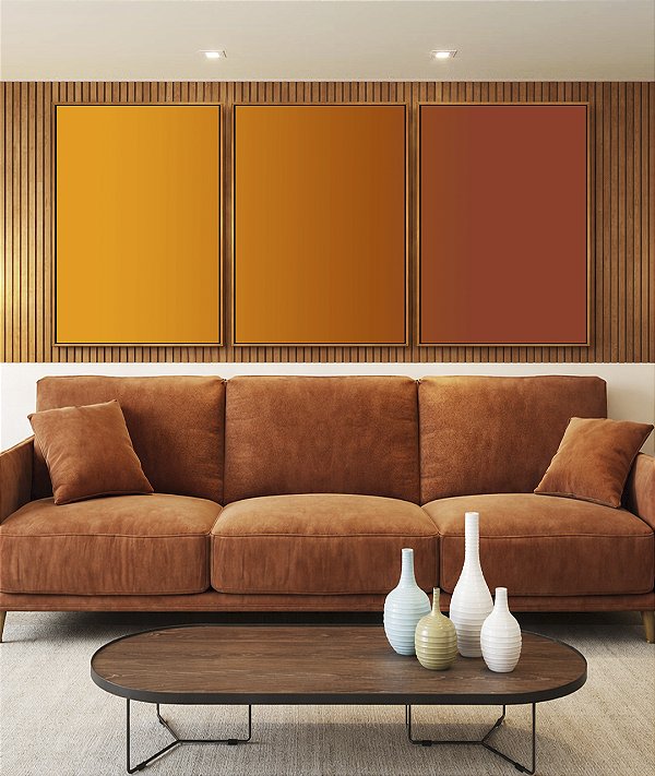 Trio de Quadros Abstrato Degradê Laranja Amarelo Dourado Canvas Moldura