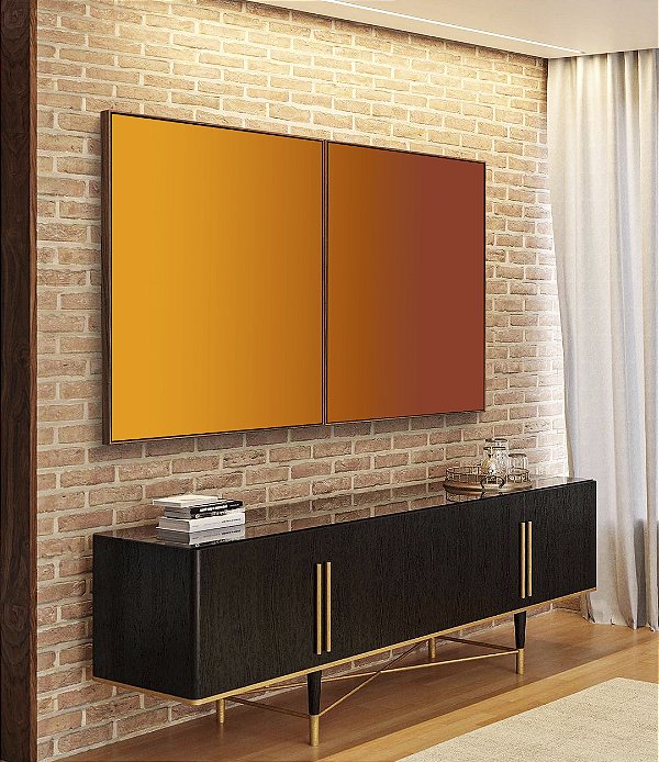 Duo de Quadros Abstrato Degradê Laranja Amarelo Dourado Canvas Moldura