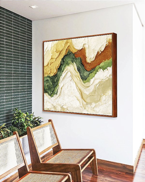 Quadro Quadrado Abstrato Amarelo Verde Laranja Ondulações Canvas Moldura