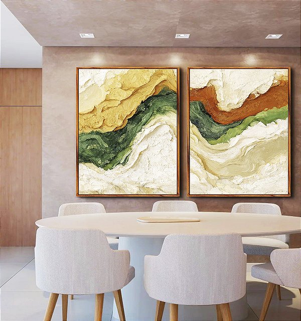 Duo de Quadros Abstrato Amarelo Verde Laranja Ondulações Efeito Pintura Canvas Moldura