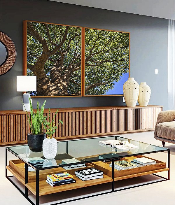 Duo de Quadros Copa de Arvore Folhas Verdes Céu Azul Natureza Canvas Moldura
