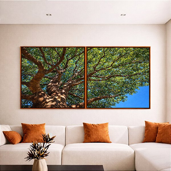 Duo de Quadros Quadrados Copa de Arvore Folhas Verdes Céu Azul Natureza Canvas Moldura