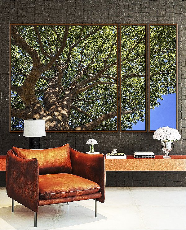 Trio de Quadros Estilizados Copa de Arvore Folhas Verdes Céu Azul Natureza Canvas Moldura