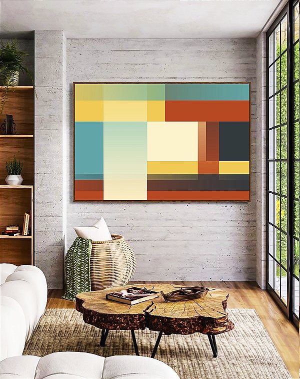 Quadro Horizontal Abstrato Mosaico Degradê Azul Amarelo Vermelho Canvas Moldura