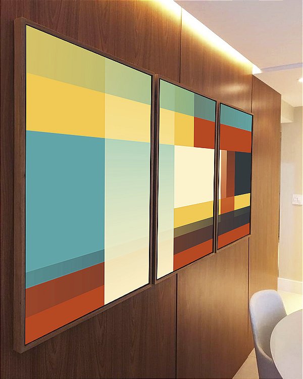 Trio de Quadros Abstrato Mosaico Degradê Azul Amarelo Vermelho Canvas Moldura