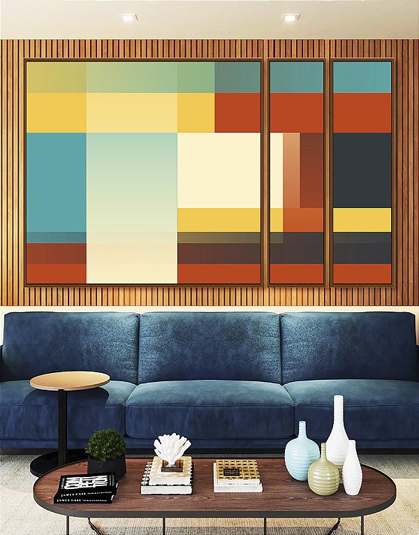 Trio de Quadros Estilizados Abstrato Mosaico Degradê Azul Amarelo Vermelho Canvas Moldura