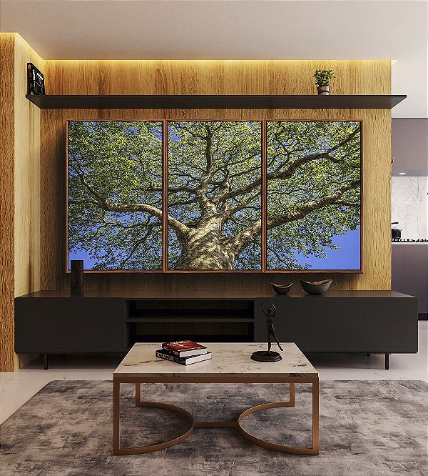 Trio de Quadros Árvore Frondosa Folhas Verdes Contra Céu Azul Canvas Moldura