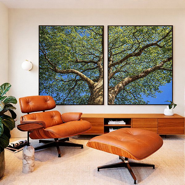 Duo de Quadros Árvore Frondosa Folhas Verdes Contra Céu Azul Canvas Moldura