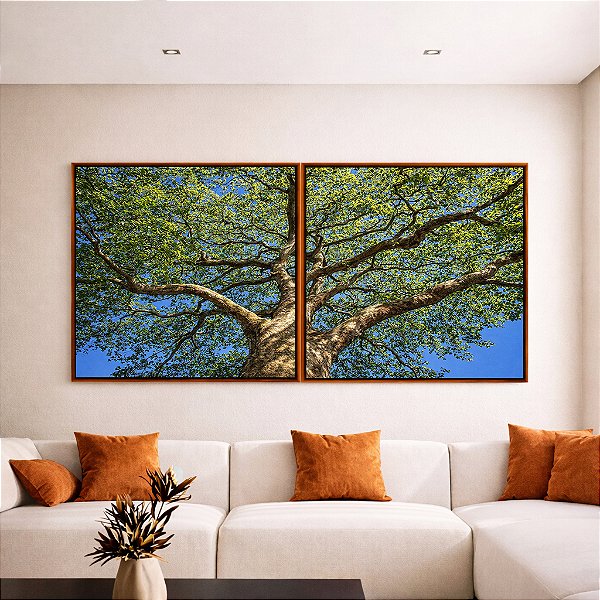 Duo de Quadros Quadrados Árvore Frondosa Folhas Verdes Contra Céu Azul Canvas Moldura