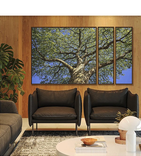 Trio de Quadros Estilizados Árvore Frondosa Folhas Verdes Contra Céu Azul Canvas Moldura