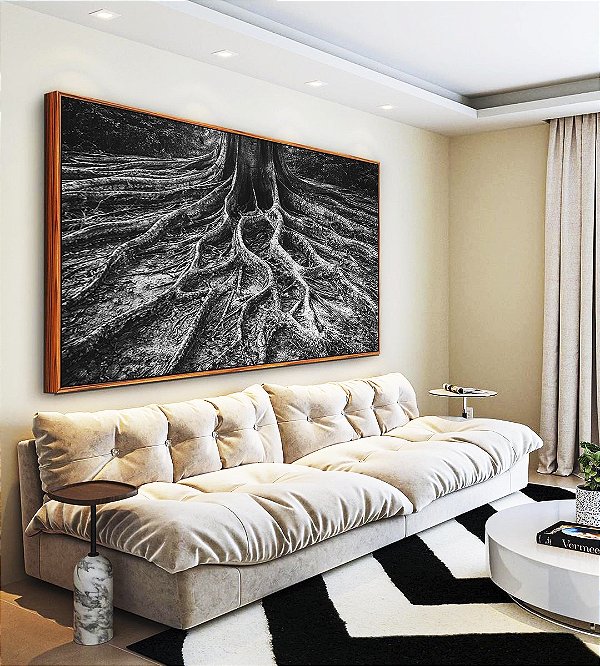 Quadro Horizontal Raízes de Árvore Preto e Branco Natureza Canvas Moldura