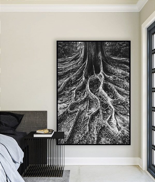 Quadro Vertical Raízes de Árvore Preto e Branco Natureza Canvas Moldura