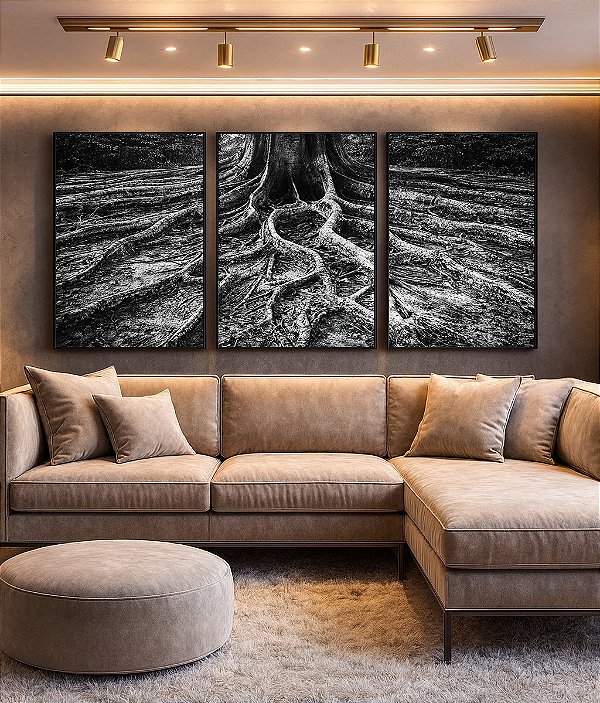 Trio de Quadros Raízes de Árvore Preto e Branco Natureza Canvas Moldura