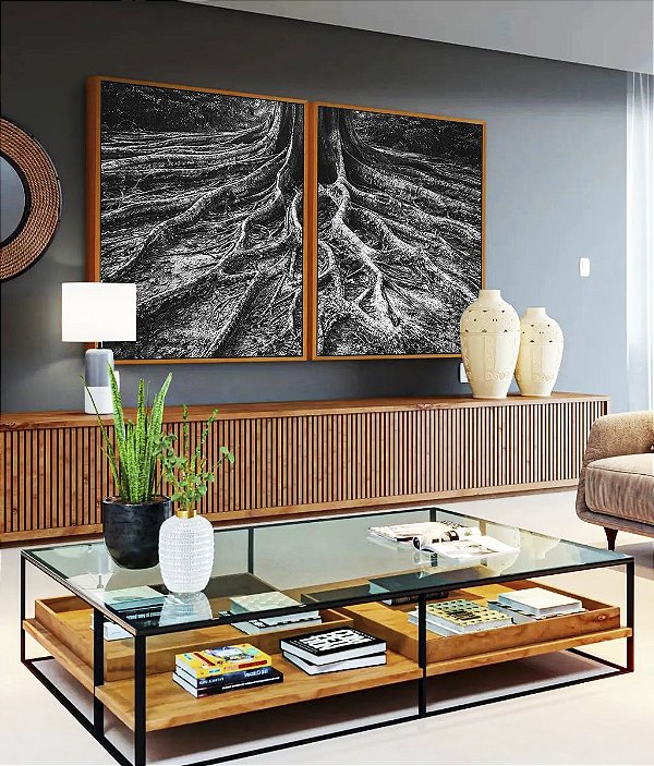 Duo de Quadros Raízes de Árvore Preto e Branco Natureza Canvas Moldura