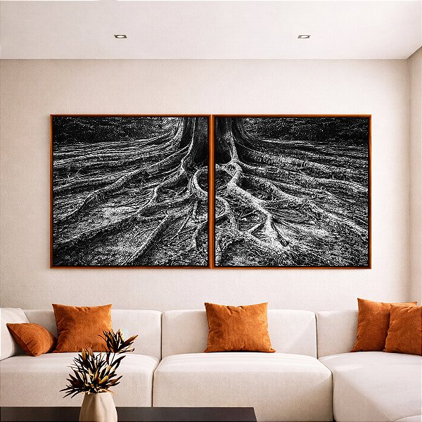 Duo de Quadros Quadrados Raízes de Árvore Preto e Branco Natureza Canvas Moldura
