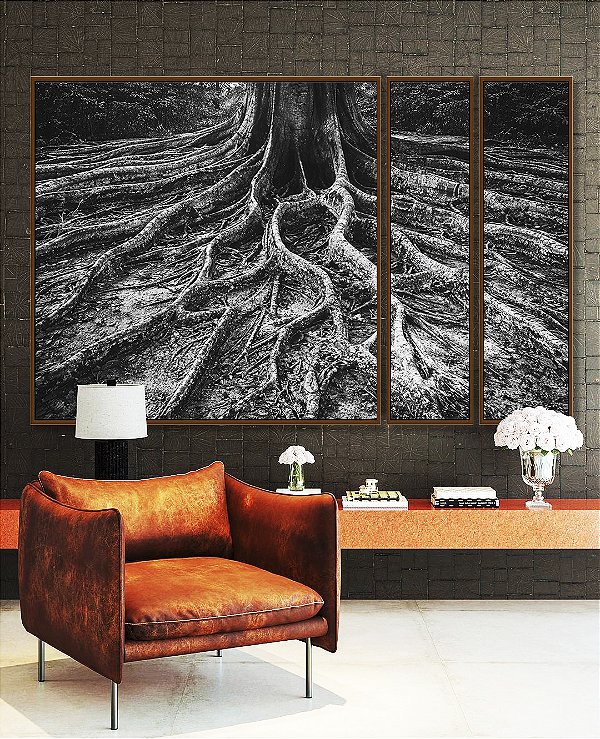 Trio de Quadros Estilizados Raízes de Árvore Preto e Branco Natureza Canvas Moldura