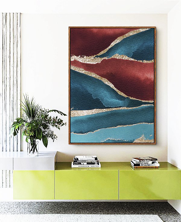 Quadro Vertical Abstrato Vermelho Dourado Azul Turquesa Canvas Moldura